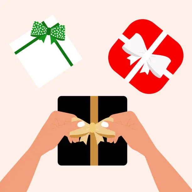 Vector illustration of Top view of woman tying silk ribbon over gift box on Christmas day. New year celebration concept