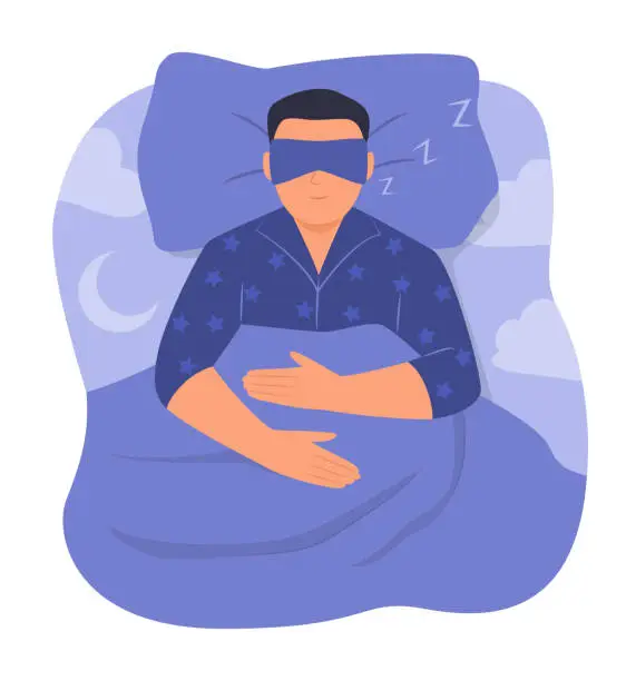 Vector illustration of Man in Pajamas Wearing Sleeping Mask and Sleep in Bed at Night Concept Illustration