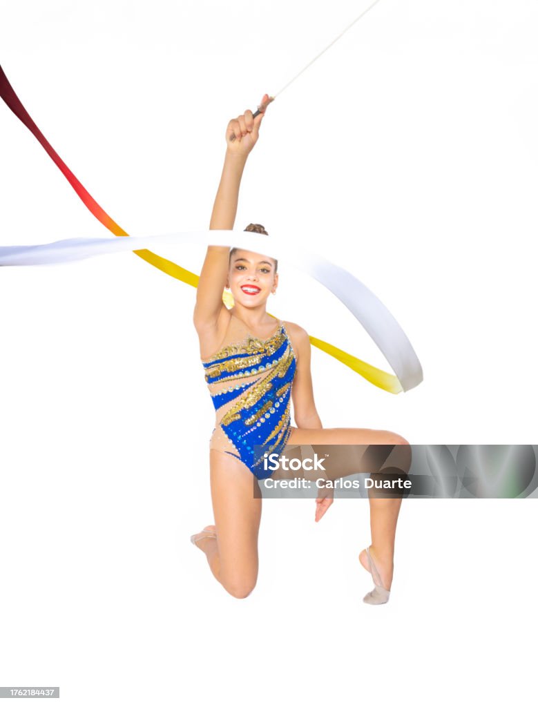 Teenage Rhythmic Gymnastics Athlete Doing Ribbon Routine Acrobatic Gymnastics Stock Photo