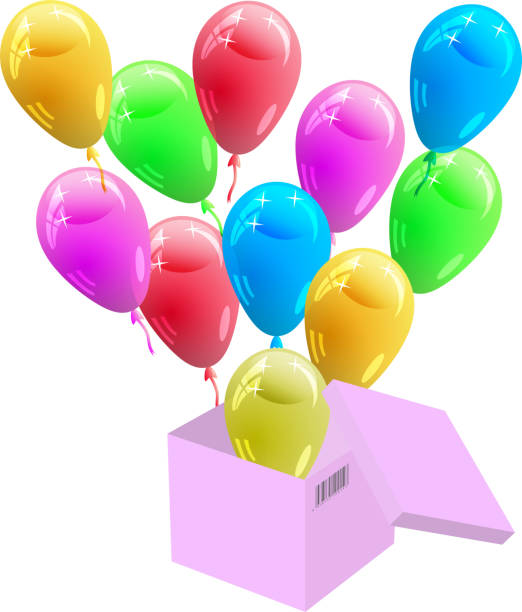 istock Glossy multicolored balloons flying out of the cardboard box. 176219998
