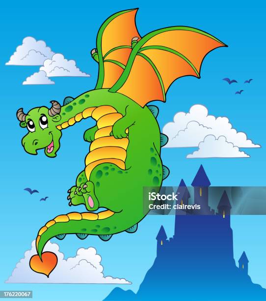 Flying Fairy Tale Dragon Near Castle Stock Illustration - Download Image Now - Animal, Animal Body Part, Animal Wing