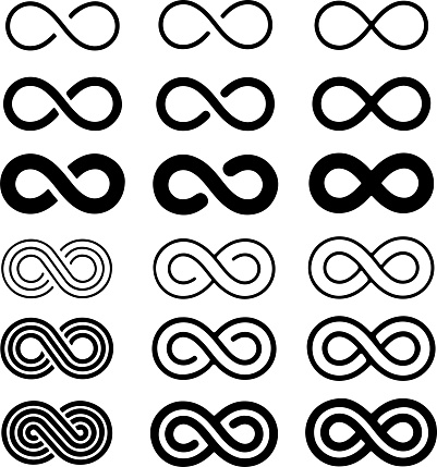 Icon set of eternity, infinity, infinite, forever, endless concept. Thin line icons, flat vector illustrations. Isolated on white, transparent background