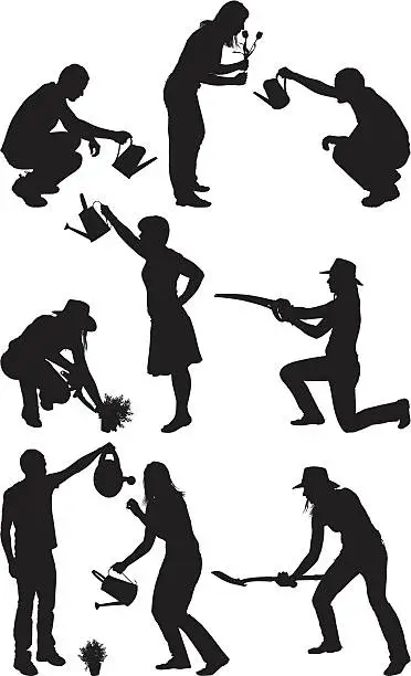 Vector illustration of Silhouette of people gardening