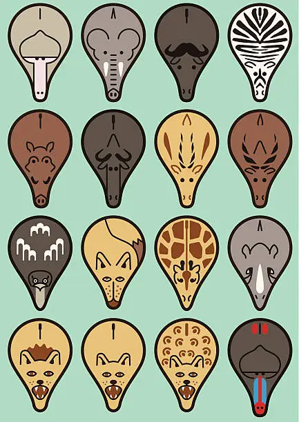 Vector illustration of AFRICA ANIMALS POINTER, PLACEMARK, ICON SET