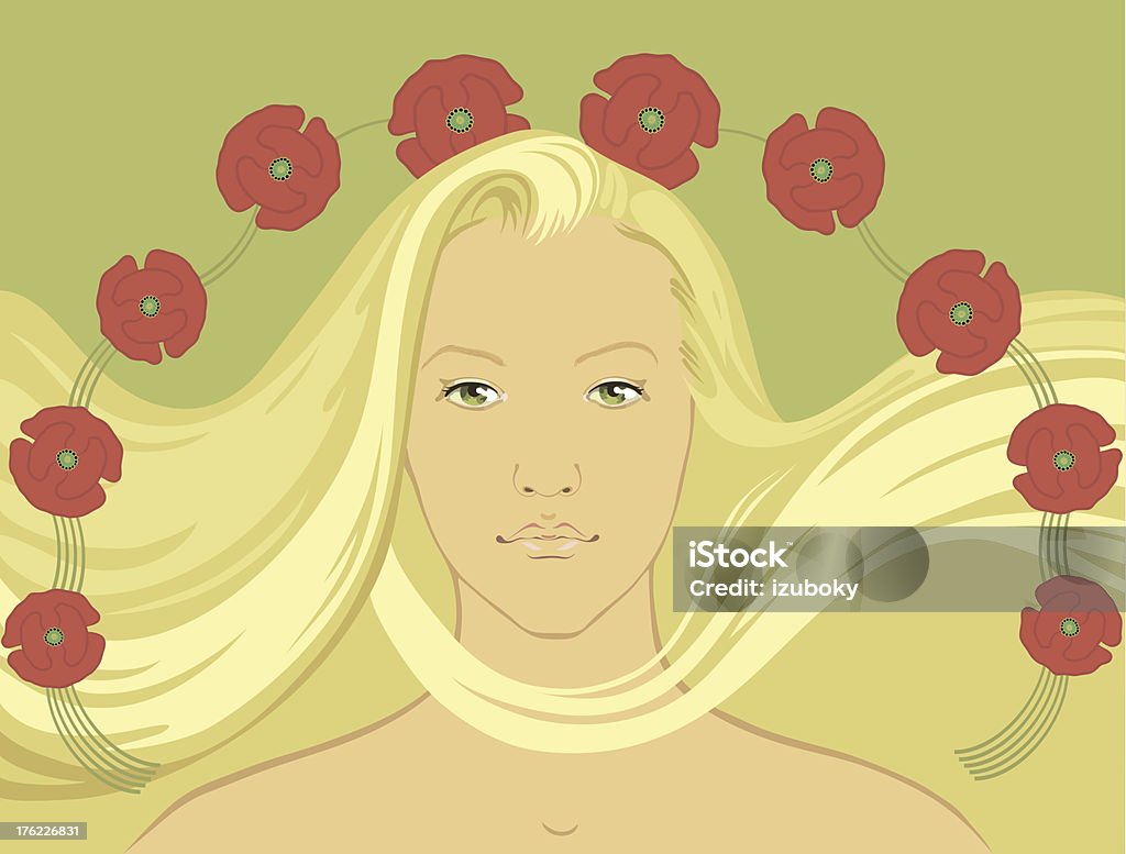 Ragazza con i capelli biondi di volo capelli circondata da fiori di papavero - arte vettoriale royalty-free di Estate