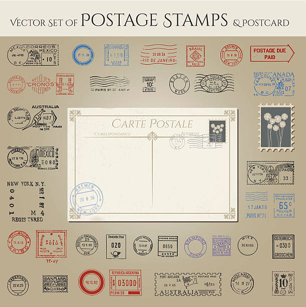 illustrazioni stock, clip art, cartoni animati e icone di tendenza di vector serie di francobolli e cartoline postali - stamps postage