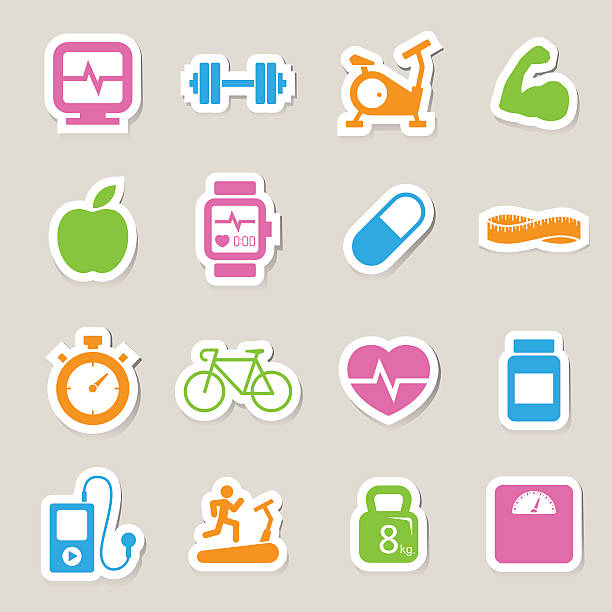 illustrazioni stock, clip art, cartoni animati e icone di tendenza di icone di fitness e salute - symbol human muscle strength computer icon