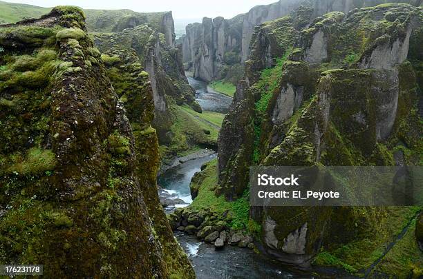 Fjaðrárgljúfur Gorge In The Mist South Iceland Stock Photo - Download Image Now - Beauty, Beauty In Nature, Cliff