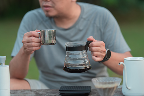 single life enjoy coffee at terrace backyard