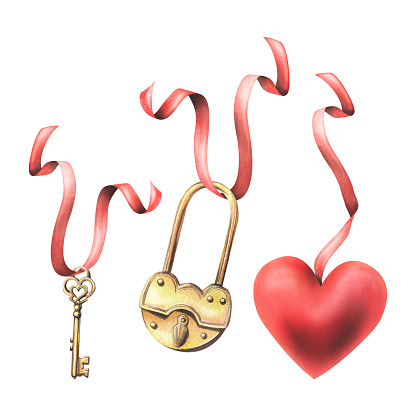 Gold metal padlock with a hole, key heart shape and heart red suspended on red ribbons. Hand drawn watercolor illustration. Set of isolated elements on a white background