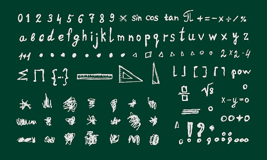 Education doodles. Items school Vector illustration. Scribbles on blackboard. Alphabet, numbers and signs.