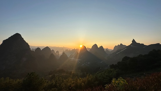 Sunrise Guilin Yangshuo China karst mountains