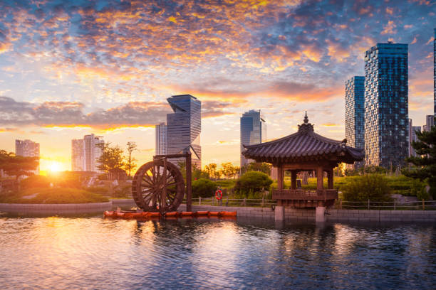 Sunset in korea, Songdo Central Park in Songdo  District, Incheon South Korea. Sunset in korea, Songdo Central Park in Songdo  District, Incheon South Korea. incheon stock pictures, royalty-free photos & images