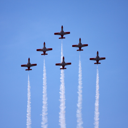 A group of seven airplanes gives the audience an exciting show.