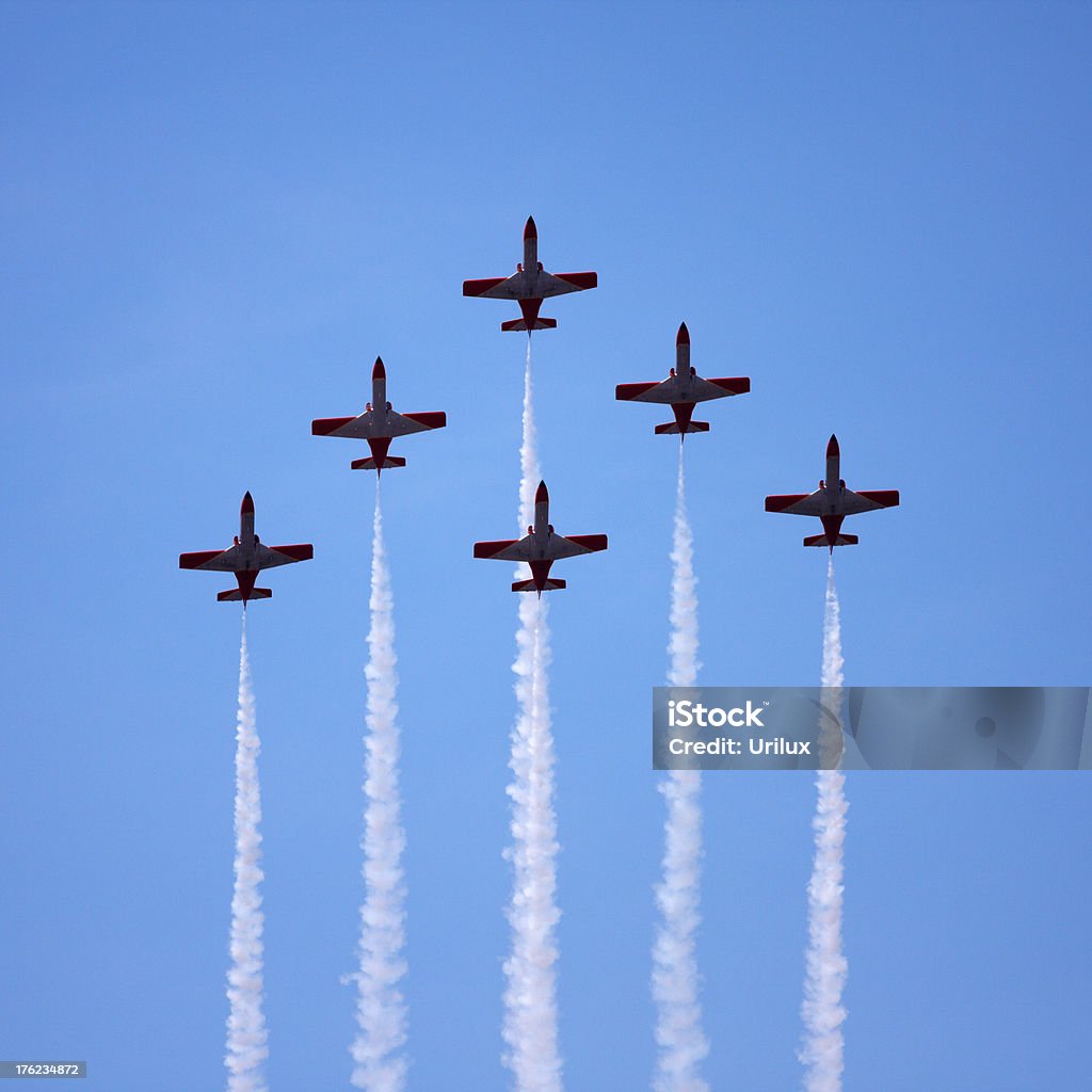 Spanish Air Force Aerobatics team performing a a fly-past in 'Arrow-Head' formation at the Karup airshow  Airshow Stock Photo