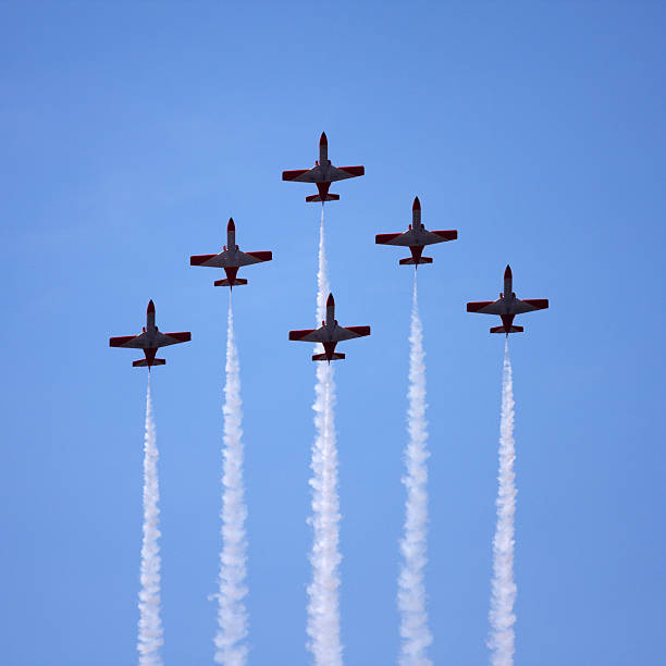 Spanish Air Force Aerobatics team performing a a fly-past in 'Arrow-Head' formation at the Karup airshow  airshow stock pictures, royalty-free photos & images