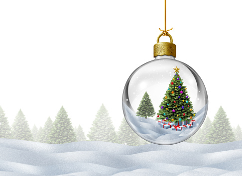 Winter Glass Christmas Ball ornament with a decorated tree as a crystal holiday sphere decoration as a Happy New Year seasonal ornamental design as a 3D illustration.