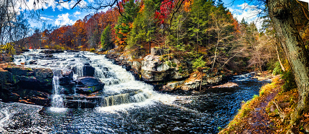 Shohola Falls panorama in the Poconos, Pennsylvania. Shohola Creek is a tributary of the Delaware River in the Poconos of eastern Pennsylvania in the United States