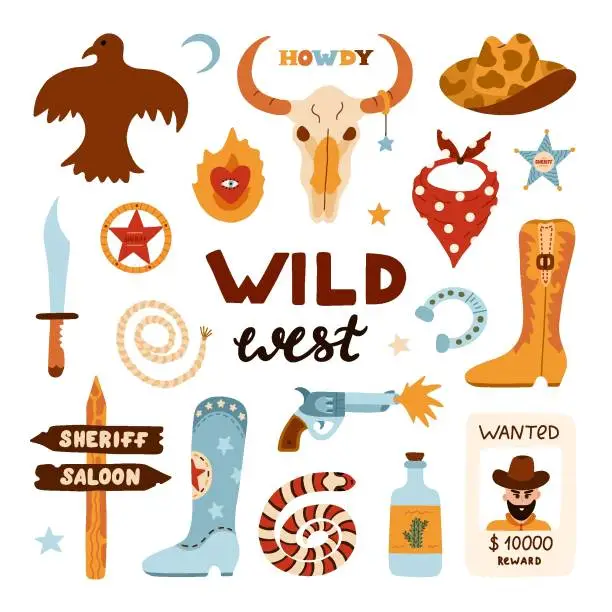 Vector illustration of Big Wild West and cowboy set in trendy flat style. Hand drawn simple vector illustration with western boots, hat, snake, cactus, bull skull, sheriff badge star. Cowboy theme with symbols of Texas