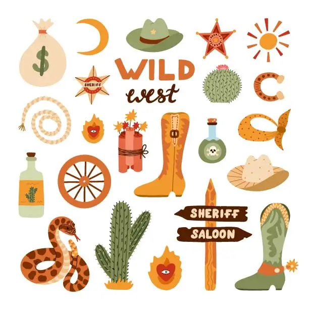 Vector illustration of Big Wild West and cowboy set in trendy flat style. Hand drawn simple vector illustration with western boots, hat, snake, cactus, bull skull, sheriff badge star. Cowboy theme with symbols of Texas