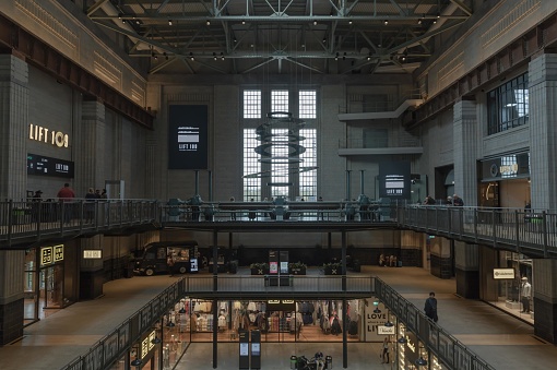London, UK - Oct 13, 2023 - Interior of New Battersea Power Station: The art deco monolith set to be London's flashiest shopping mall. The iconic London landmark building, Leisure destination, Space for text, Selective focus.