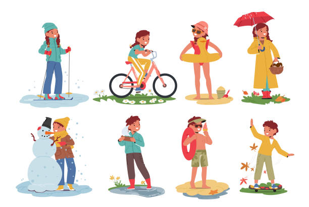 małe dzieci zajęcia sezonowe, chłopcy i dziewczęta postacie narciarstwo, jazda na rowerze, relaks na plaży, grzybobranie - grzybobranie stock illustrations