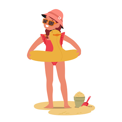 Joyful Scene Of Cute Little Girl Character On Summer Beach, Her Laughter Echoing As She Plays With A Duck-shaped Ring And Colorful Sand Toys Under The Warm Sun. Cartoon People Vector Illustration