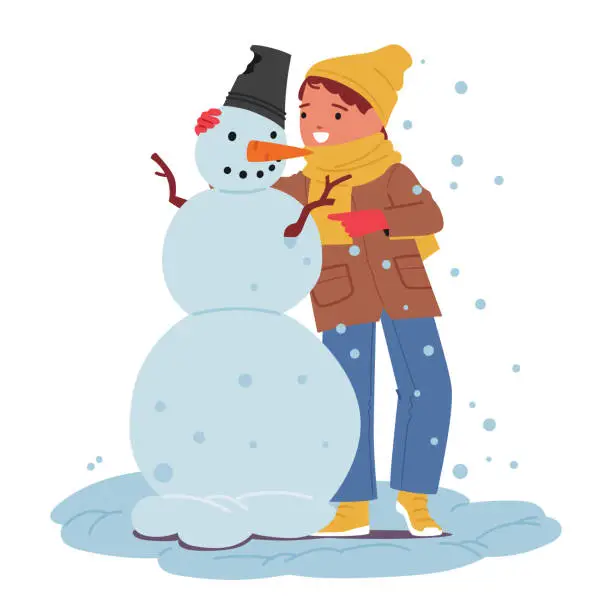 Vector illustration of Little Boy Character, Bundled In Winter Gear, Joyfully Sculpts A Snowman A Heartwarming Winter Scene