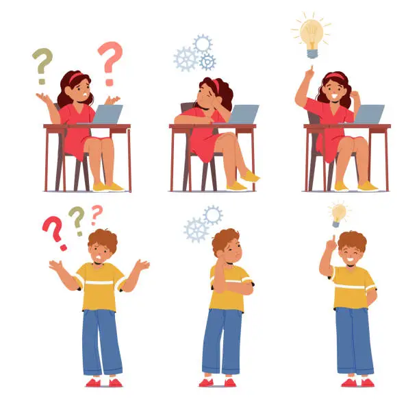 Vector illustration of Boys And Girls Characters Lost In A Maze Of Questions, Unsure Of Their Way. Confused Kids Seek Guidance