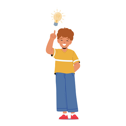 Bright-eyed Boy, With A Beaming Light Bulb Above His Head, Symbolizing Creativity And Inspiration As He Embraces A Brilliant Idea. Child Character with Glowing Lamp. Cartoon People Vector Illustration