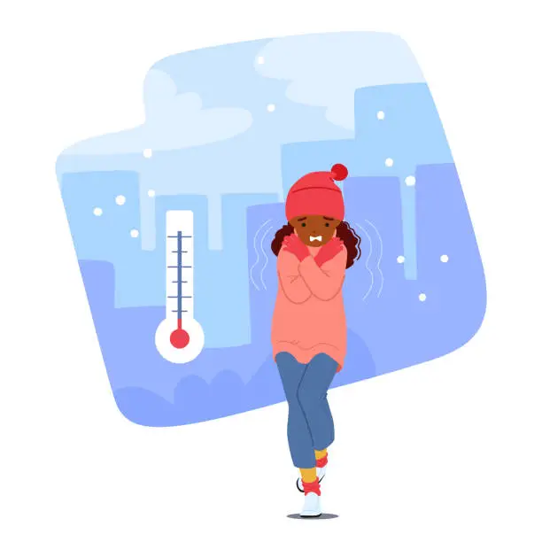 Vector illustration of Little Girl Shivered, Her Tiny Body Quivering With Cold. Her Cheeks Paled, And She Hugged Herself, Seeking Warmth