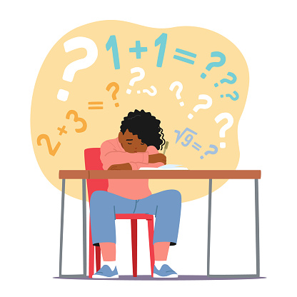Weary Child Slumbers At The Desk, Homework In Disarray, Pencil In Hand, A Testament To The Dedication And Exhaustion. Tired Overloaded Boy Sleeping While Doing Home Task. Cartoon Vector Illustration