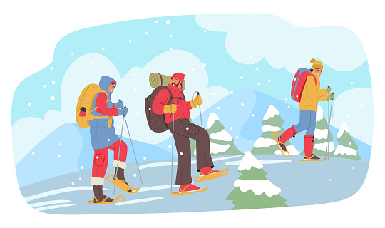People Embarking On Winter Hikes, Wrapped In Warm Layers, Venture Through Snow-covered Landscapes. Rosy Cheeks And Breathtaking Snowy Vistas Make These Treks Unforgettable. Cartoon Vector Illustration