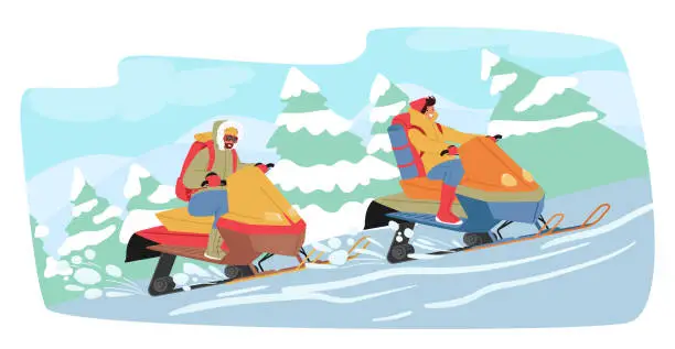 Vector illustration of Adventurous Characters Embracing The Winter Wonderland, Zooming Through The Snowy Trails On Snowmobiles