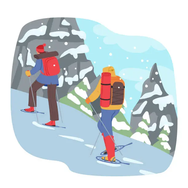 Vector illustration of Adventurous Characters Embrace The Chill, Donning Warm Gear To Hike Snowy Mountains. Amidst Snowflakes And Serene Vistas