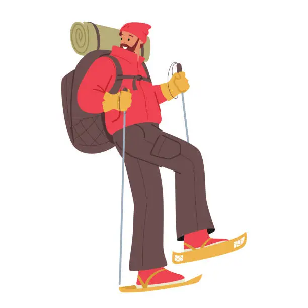Vector illustration of Bundled-up Man In Winter Attire, Wearing Snowshoes, Clutching Hiking Poles, And Carrying A Loaded Backpack