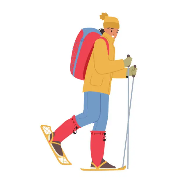 Vector illustration of Woman Hiker, Bundled In Winter Gear, Wears Snowshoes, Wields Trekking Poles, And Carries A Loaded Backpack