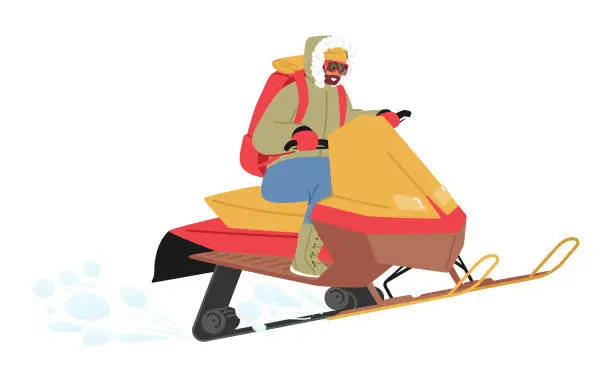 Vector illustration of Male Character Roaring Through Icy Terrain On A Snowmobile. Man Conquers The Snowy Expanse, Vector Illustration