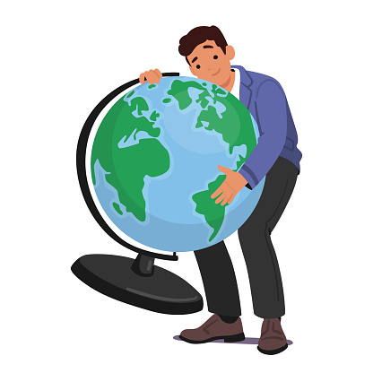 Schoolboy Stands Proudly, Embracing A Colossal Globe, His Curiosity And Aspirations Transcending Boundaries As He Grasps The World Knowledge And Possibilities. Cartoon Vector Illustration