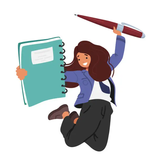 Vector illustration of Cheerful Schoolgirl Jumping, Clutching Colossal Notebook And Pen, Ready To Conquer The Academic World With Determination