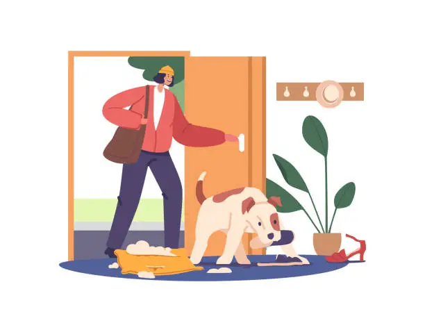 Vector illustration of Dog Separation Anxiety Is A Distressing Behavior Issue Where Dogs Exhibit Extreme Stress, Destructive Action And Chewing