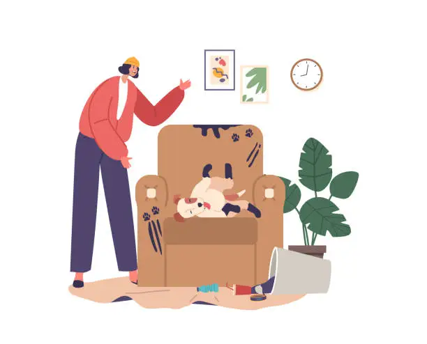 Vector illustration of Owner Character Shocked with Dog Wreaks Havoc At Home. Funny Pup Lying on Sofa with Dirty Paws, Vector Illustration