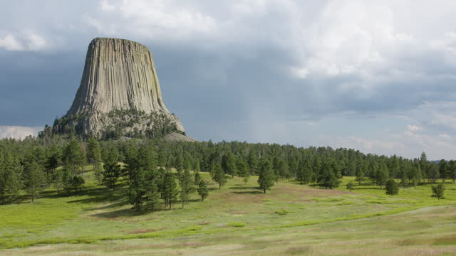 Timelapse of the Majestic Devils Tower on a Hillside in Wyoming