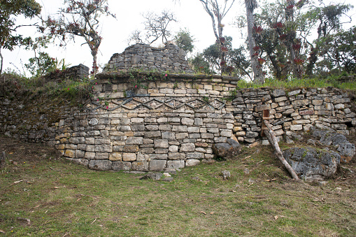 Kuelap fortress ruins is a walled settlement located in the mountains, in the southern part of the Amazonas region, Peru. It was built by the Chachapoyas culture in the 5th century AD. High relief with geometric shape, but most of the structures were built between 900 and 1100 AD