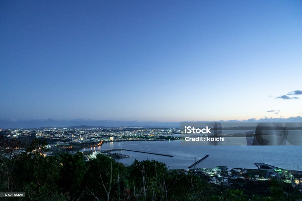 Pre-dawn view of the East Coast from Nakagusuku Park, Okinawa View of Okinawa, Japan Beach Stock Photo