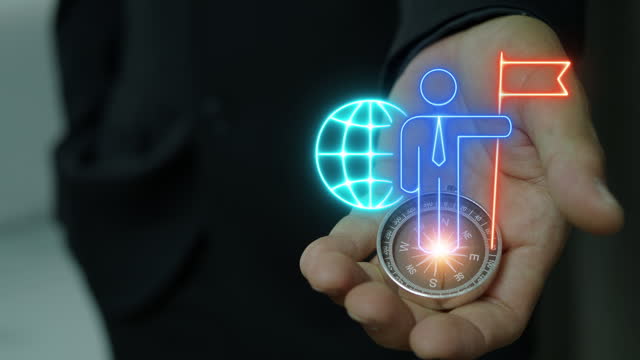 Navigation compass present glowing neon line of businessman holding flag with global icon. Business concept of victory, success, goal achiever, planning, win, best worker, top employee and leadership.