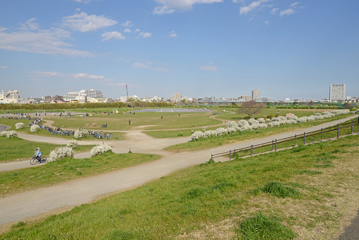 A wide-angle lens shot of the scenery near Ota Ward in the lower reaches of the Tama River, a first-class river that flows through the city, from Kanagawa Prefecture. Shooting record March 2019. Kanagawa Prefecture, Kawasaki City, Tama River Riverbed, Japan.