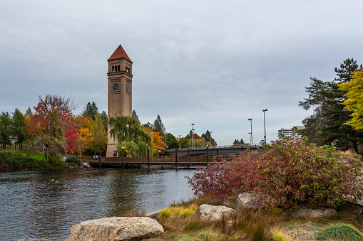 Spokane, Washington, USA - October 16th, 2023: Clock Tower in the Spokane Riverfront Park
