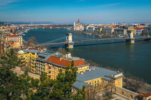 Great panoramic view from the Buda castle with Chain bridge over the Danube river and beautiful shoreline, Budapest, Hungary, Europe