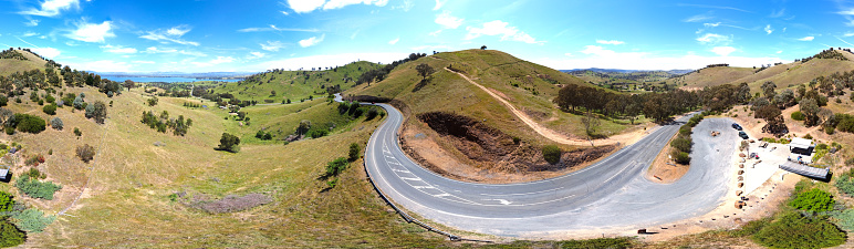 360 degree panoramic winding road mountains view with Lake Hume from Kurrajong Gap Lookout located between Bellbridge and Bethanga, a short drive from Albury Wodonga Victoria, Australia.